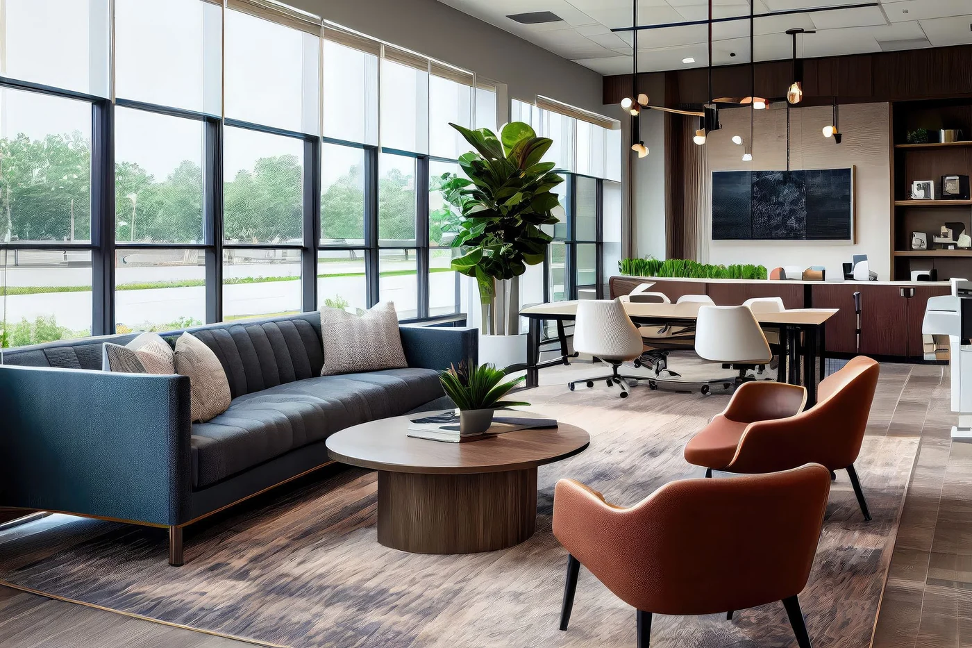 A modern office reception and breakout area with full-height glazing, soft seating and a meeting table.