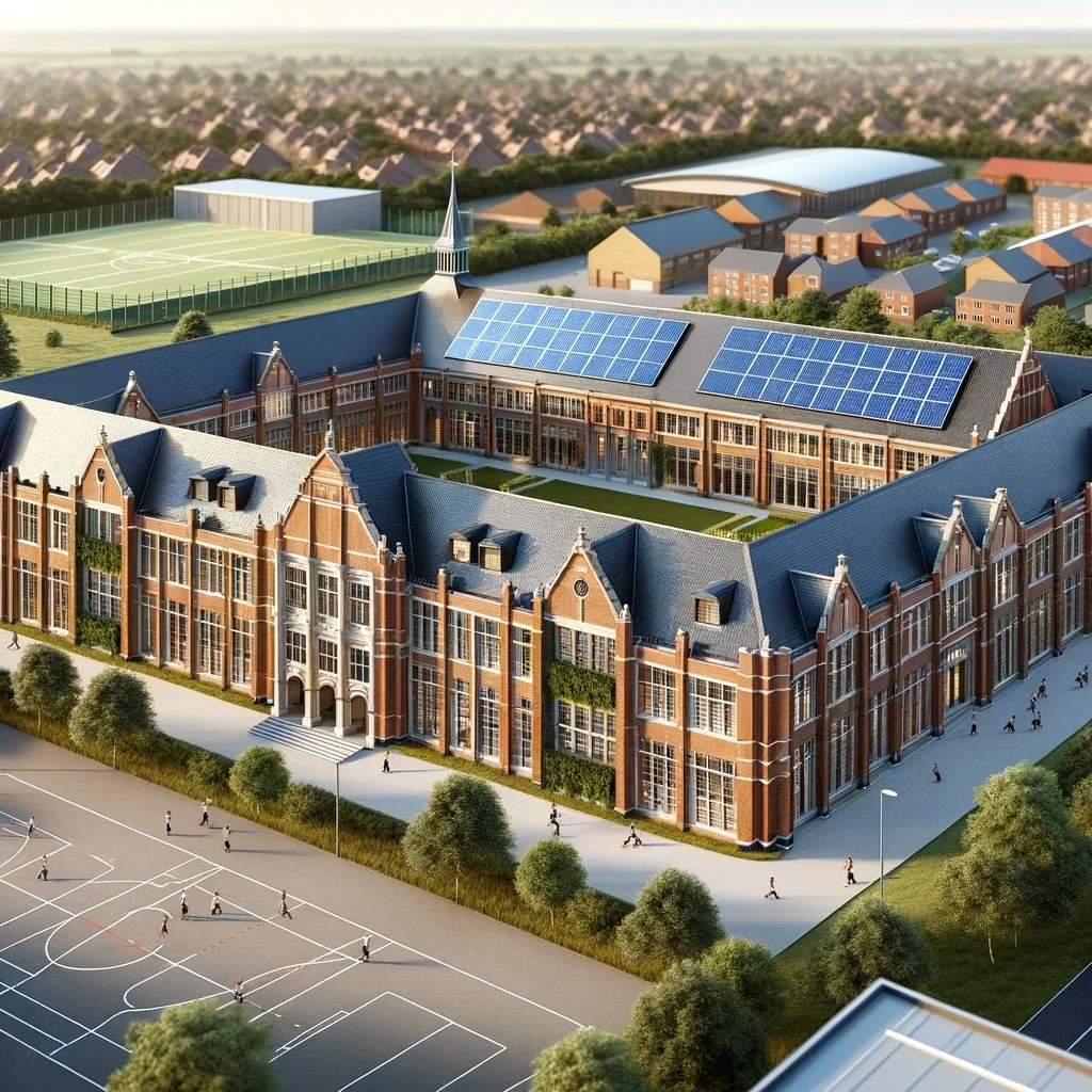 Solar panels installed across a school roof.