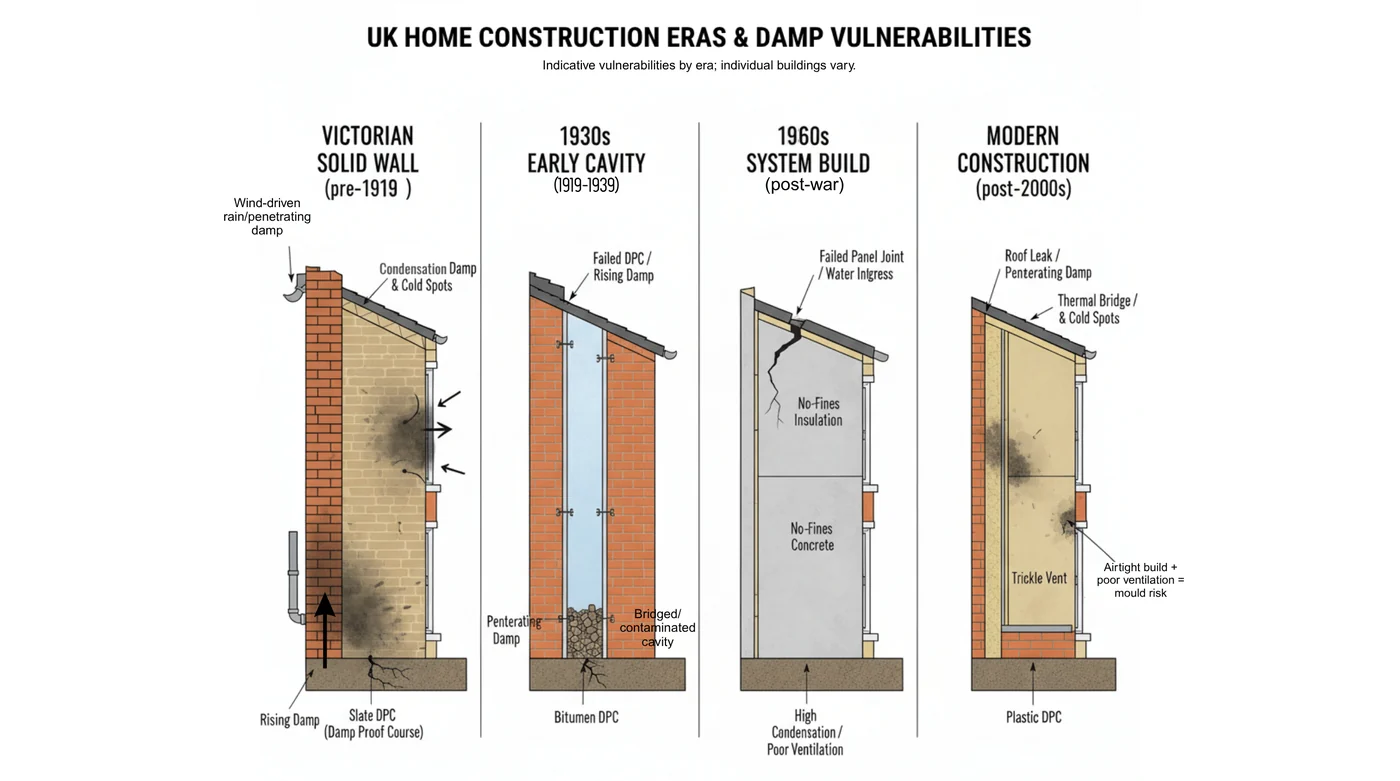 Diagram of UK home construction types and how each affects moisture movement.