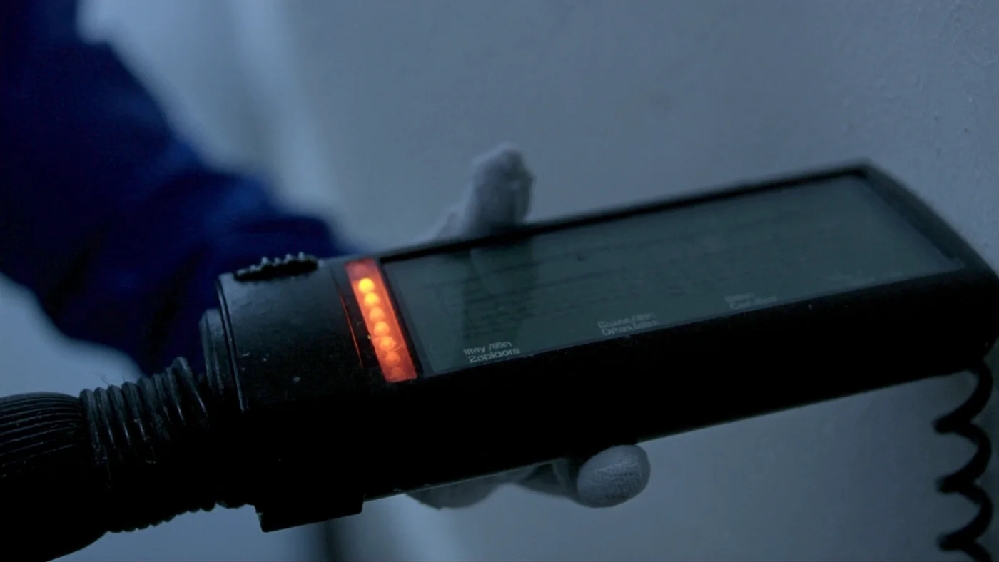 A handheld damp meter pressed against a cold external wall by a surveyor's gloved hand
