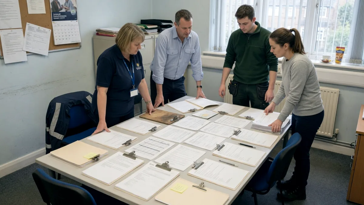 A housing repairs team standing round a table covered in job sheets in an office