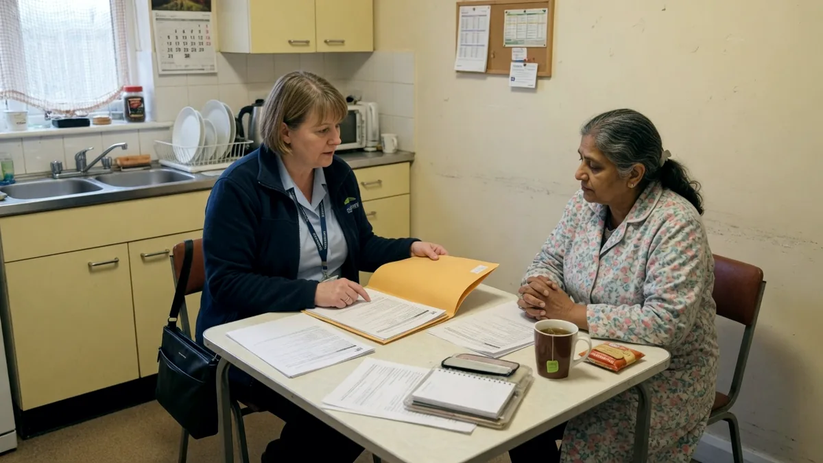 A housing officer sitting with a tenant at her kitchen table, paperwork open between them