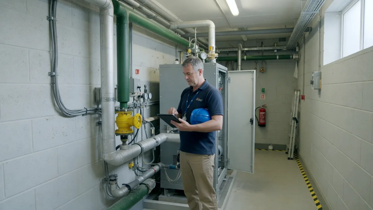 A facilities manager with a tablet reviewing pipework and plant in a plant room