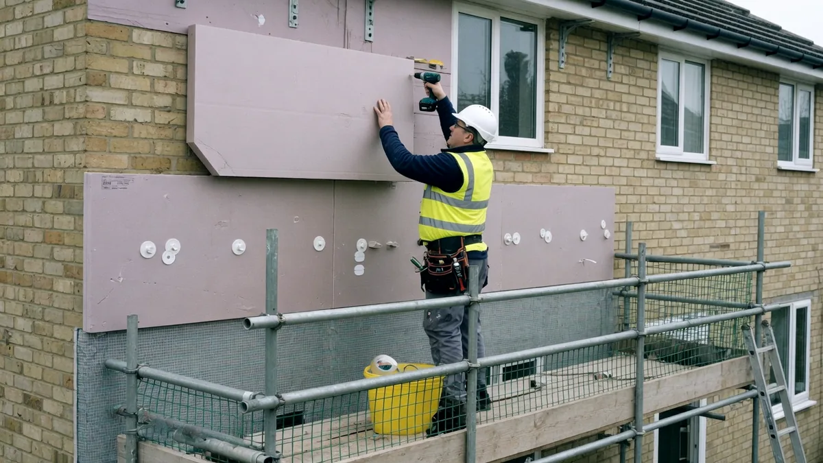 An installer on scaffolding fixing insulation boards to the outside wall of a house