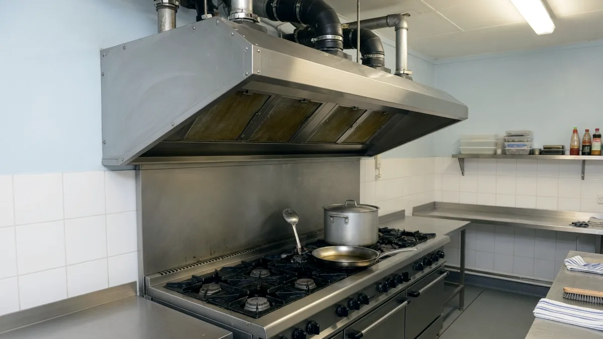 A stainless steel extraction canopy above a range in a commercial kitchen