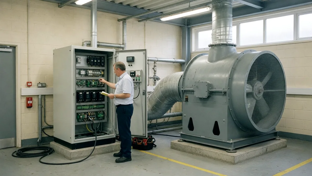 An engineer at a control cabinet beside a large ventilation fan in a commercial plant room