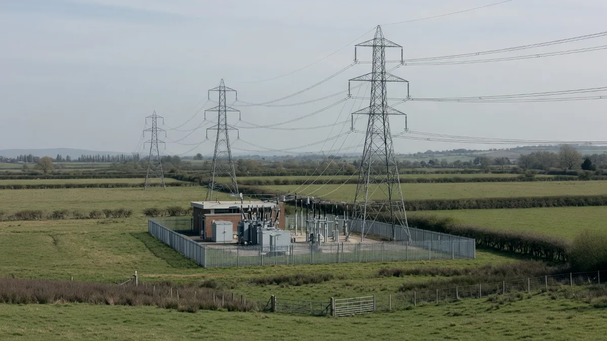 An electricity substation and transmission pylons in open countryside