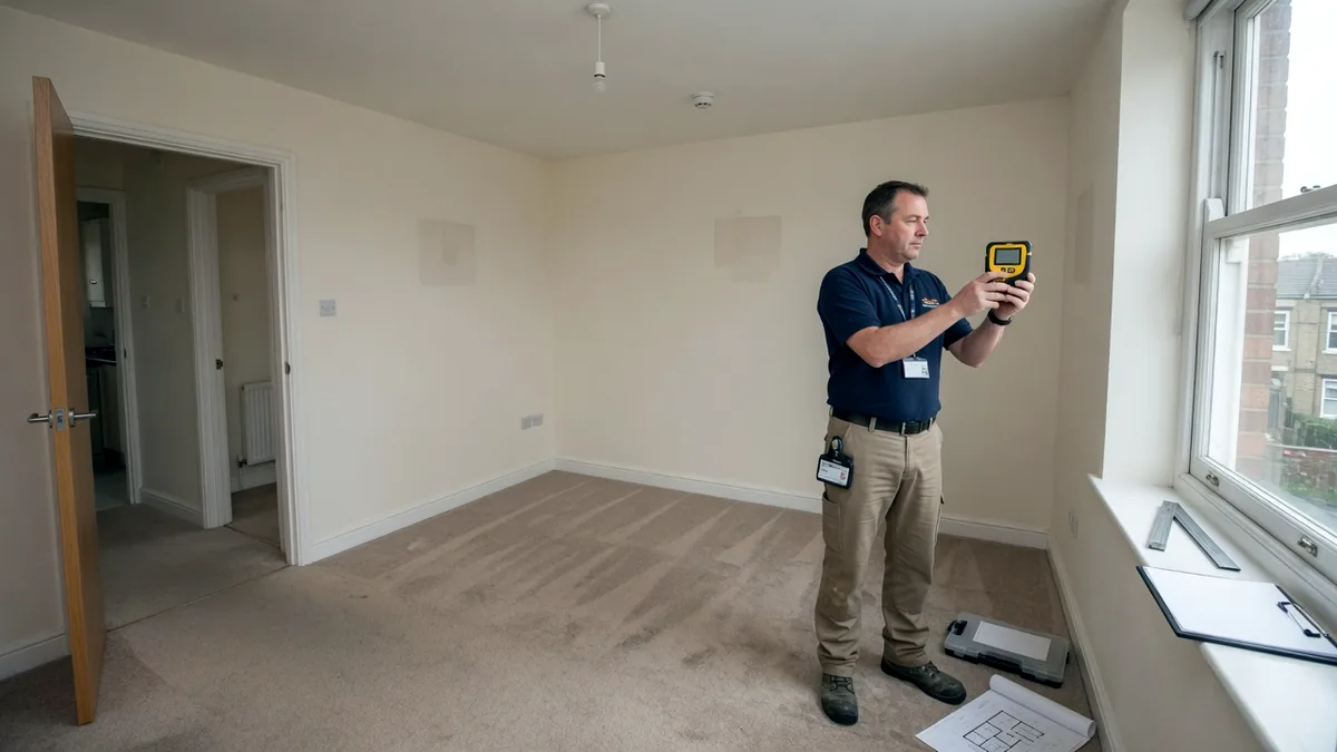 An energy assessor taking measurements in an empty flat with a handheld device