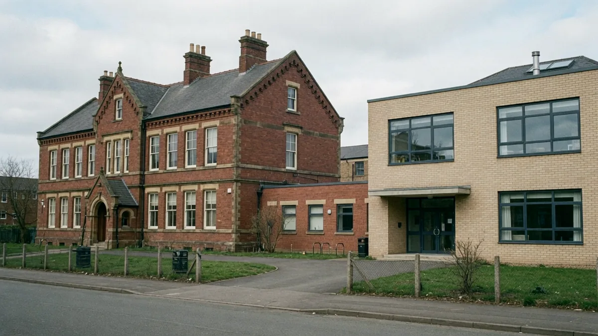 A Victorian red brick school building standing beside its modern extension