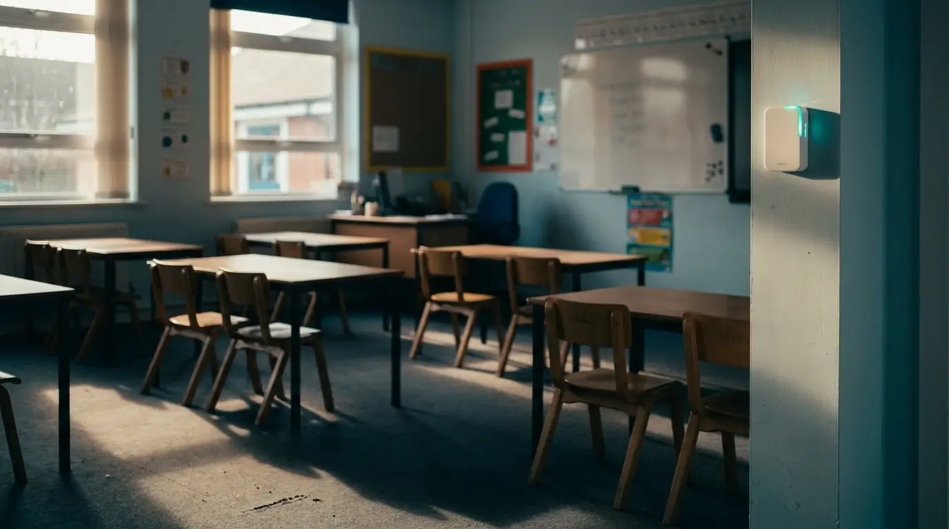 A sunlit, empty classroom with a discreet air-quality sensor on the wall