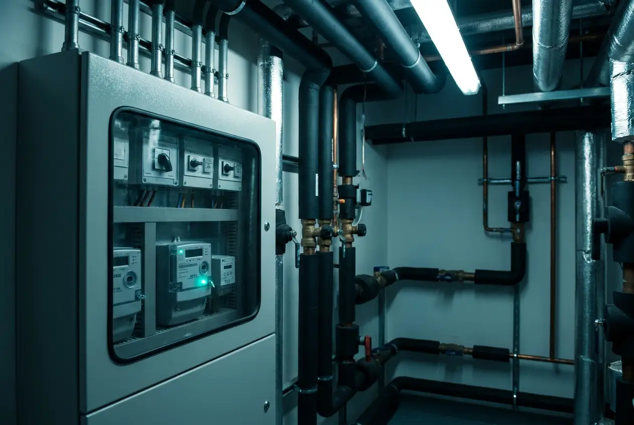A school plant room with metering cabinets and pipework, one meter lit green