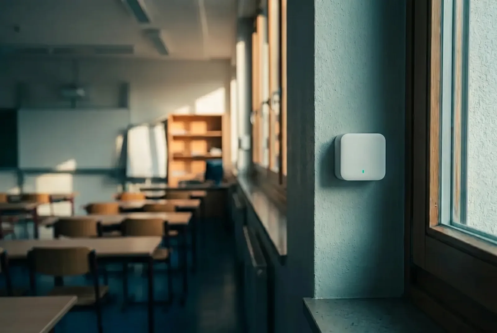 A small discreet GeoSpaces wireless sensor mounted on a classroom wall with a teal status light