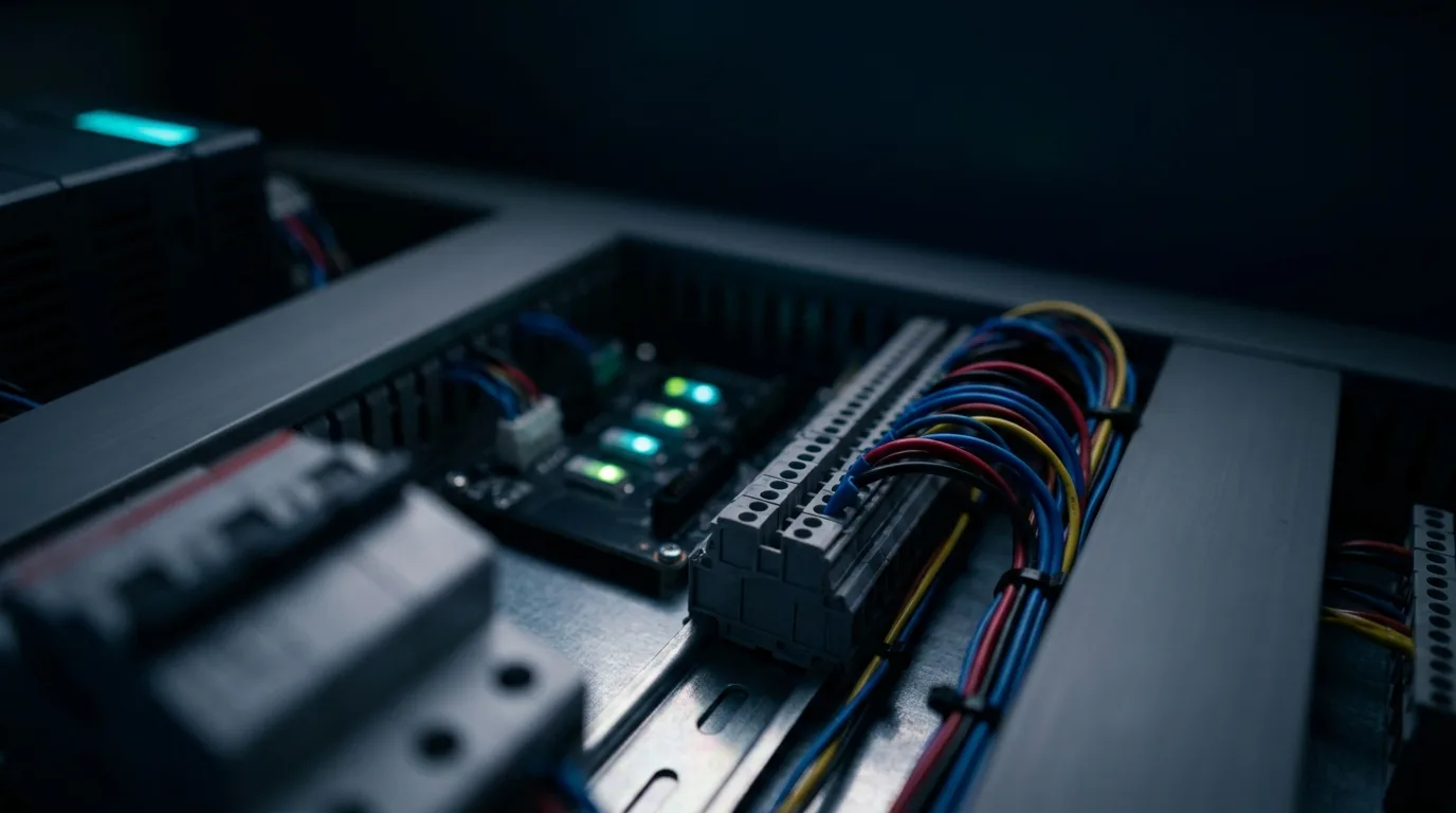 Inside an industrial automation control cabinet, status indicators glowing