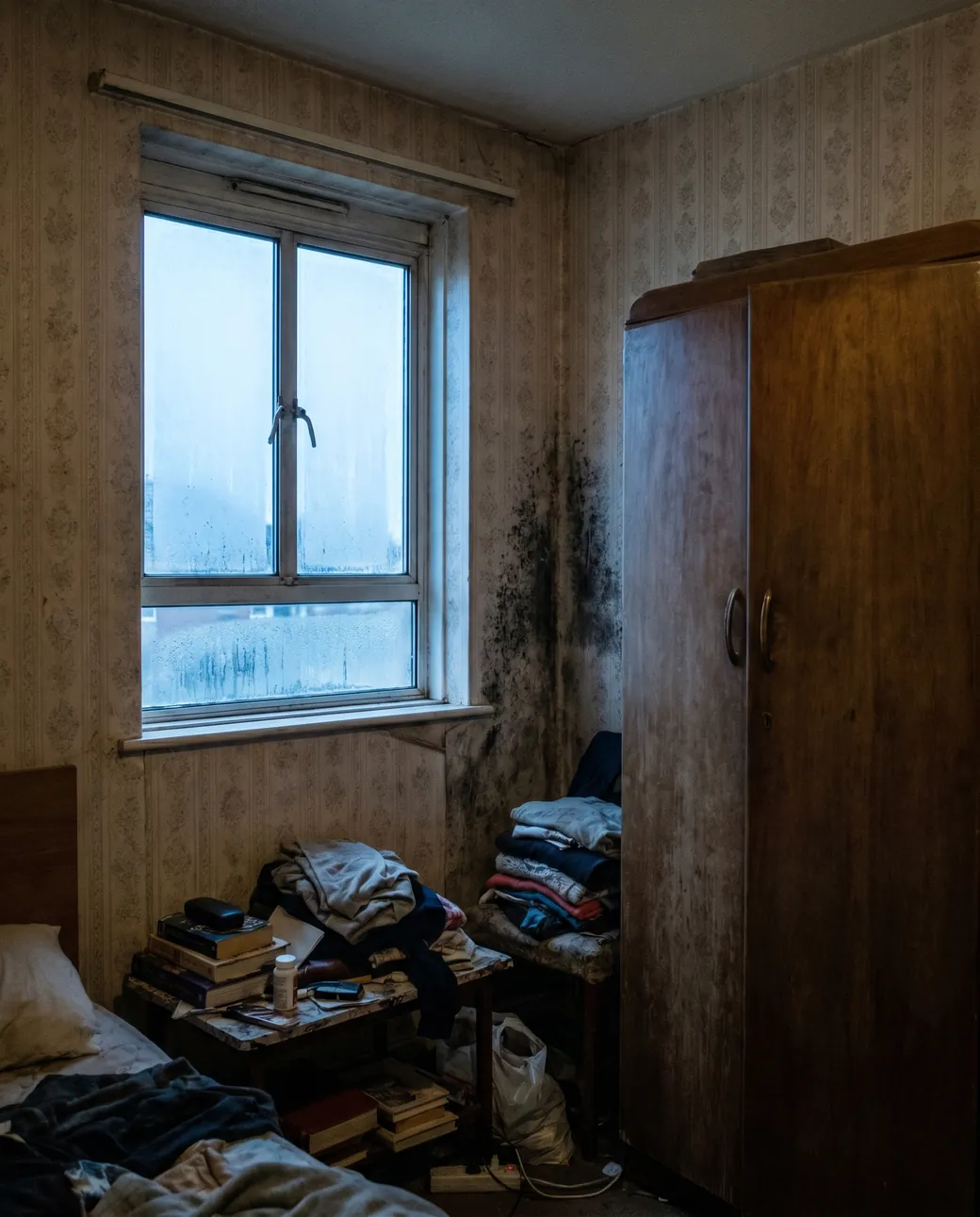 A lived-in bedroom corner with condensation on the window and damp forming behind a wardrobe