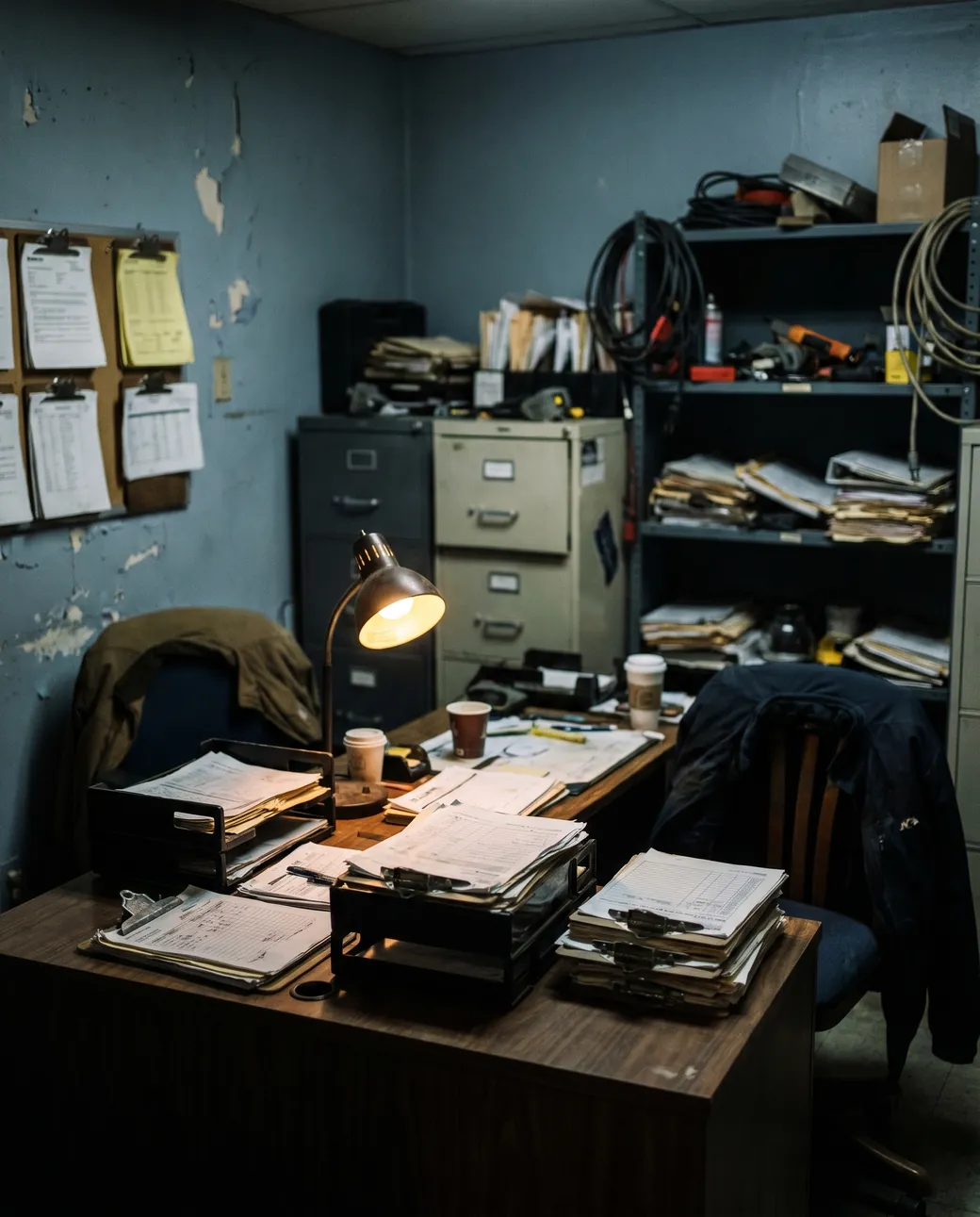 A cluttered maintenance back office at night, stacked with paper work orders under a single lamp