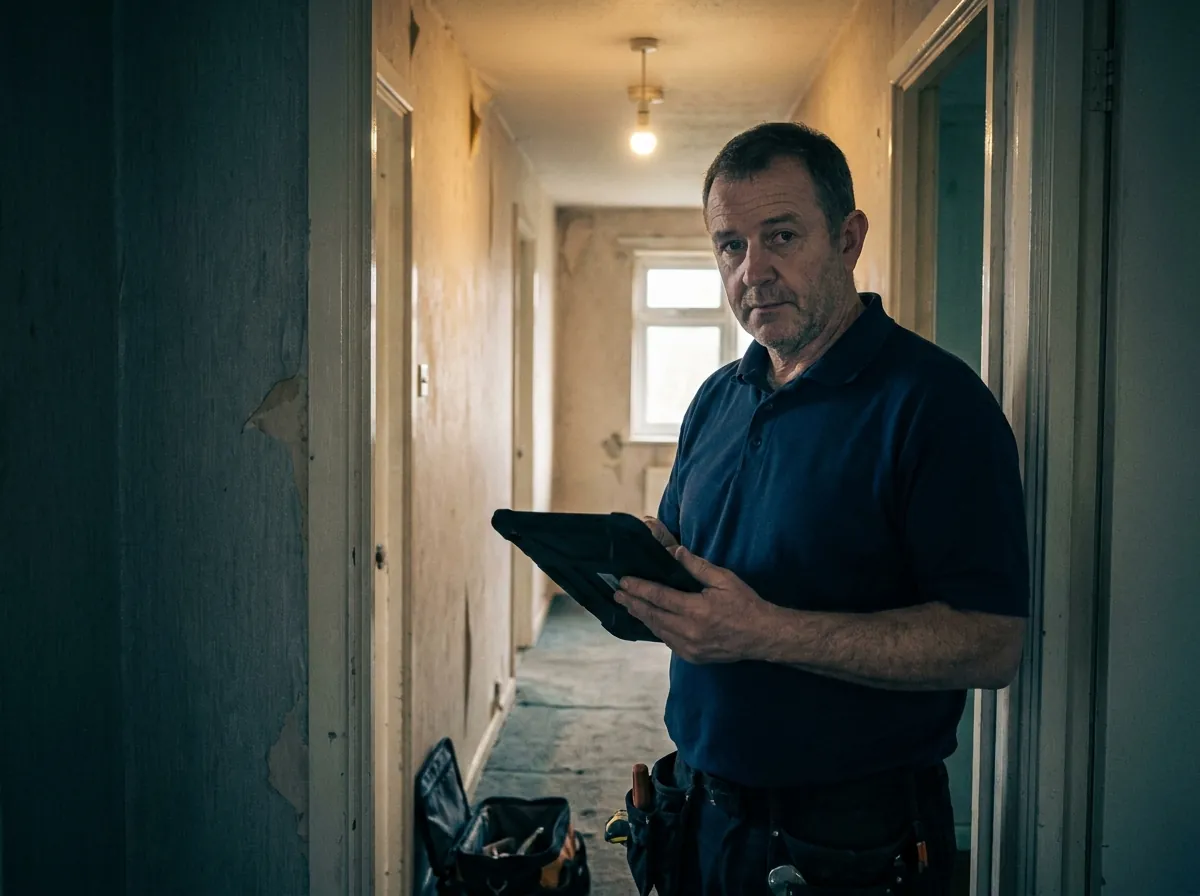 A maintenance engineer with a tablet surveying the hallway of a worn social-housing flat