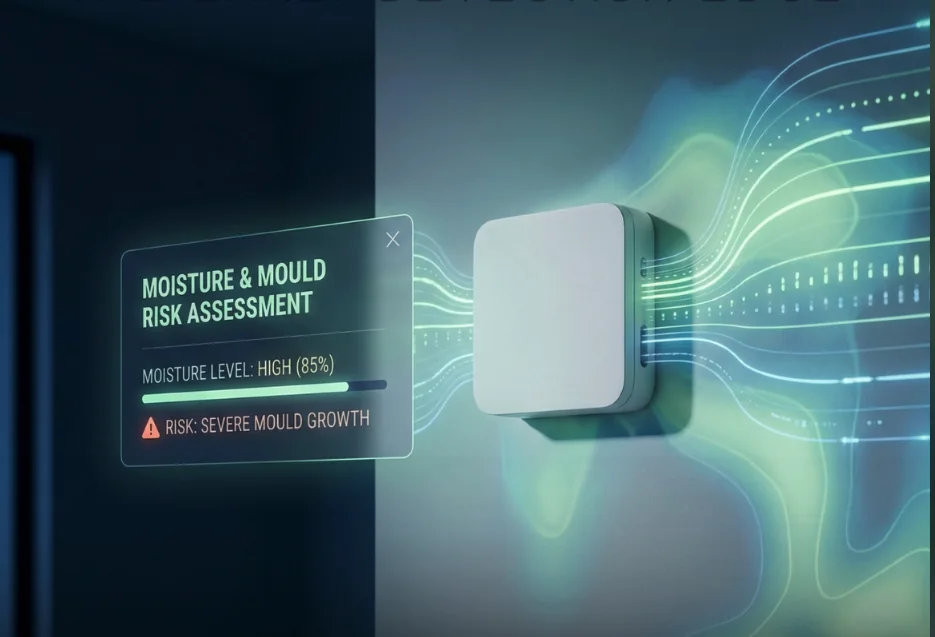 A GeoSpaces wireless sensor on a home wall with an on-screen readout: moisture and mould risk assessment, moisture level high at 85%, risk of severe mould growth, with sensing data flowing across the wall