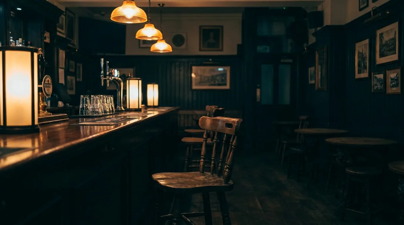An empty traditional pub interior late at night with the lights and bar equipment still running